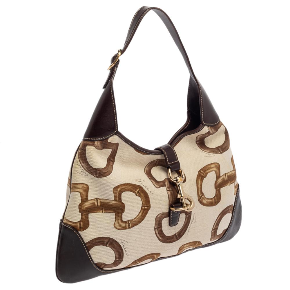 Women's Gucci Brown/Cream Horsebit Print Canvas and Leather Jackie O Hobo