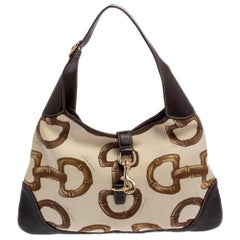 Gucci Brown/Cream Horsebit Print Canvas and Leather Jackie O Hobo