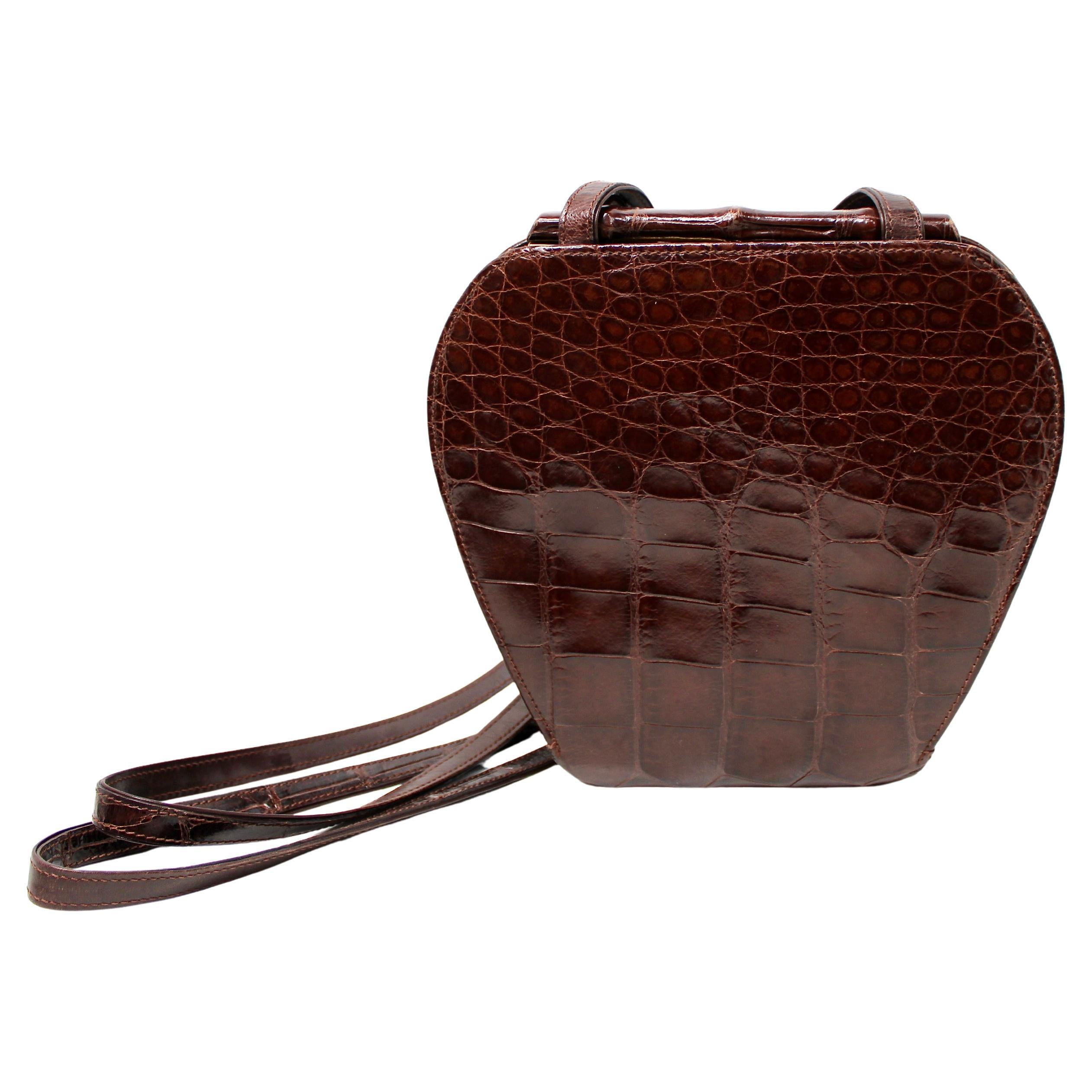 Gucci Brown Croc Embossed Leather Crossbody Clutch circa 1970s