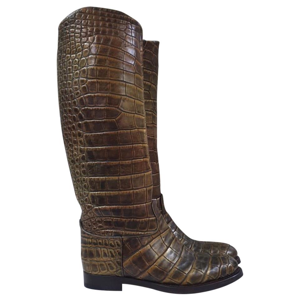 Gucci Brown Crocodile Leather Riding Boots