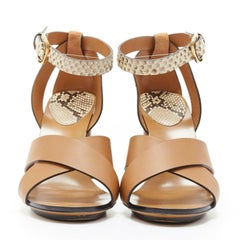 GUCCI brown cross strap python ankle strap chunky wooden heel sandal EU37