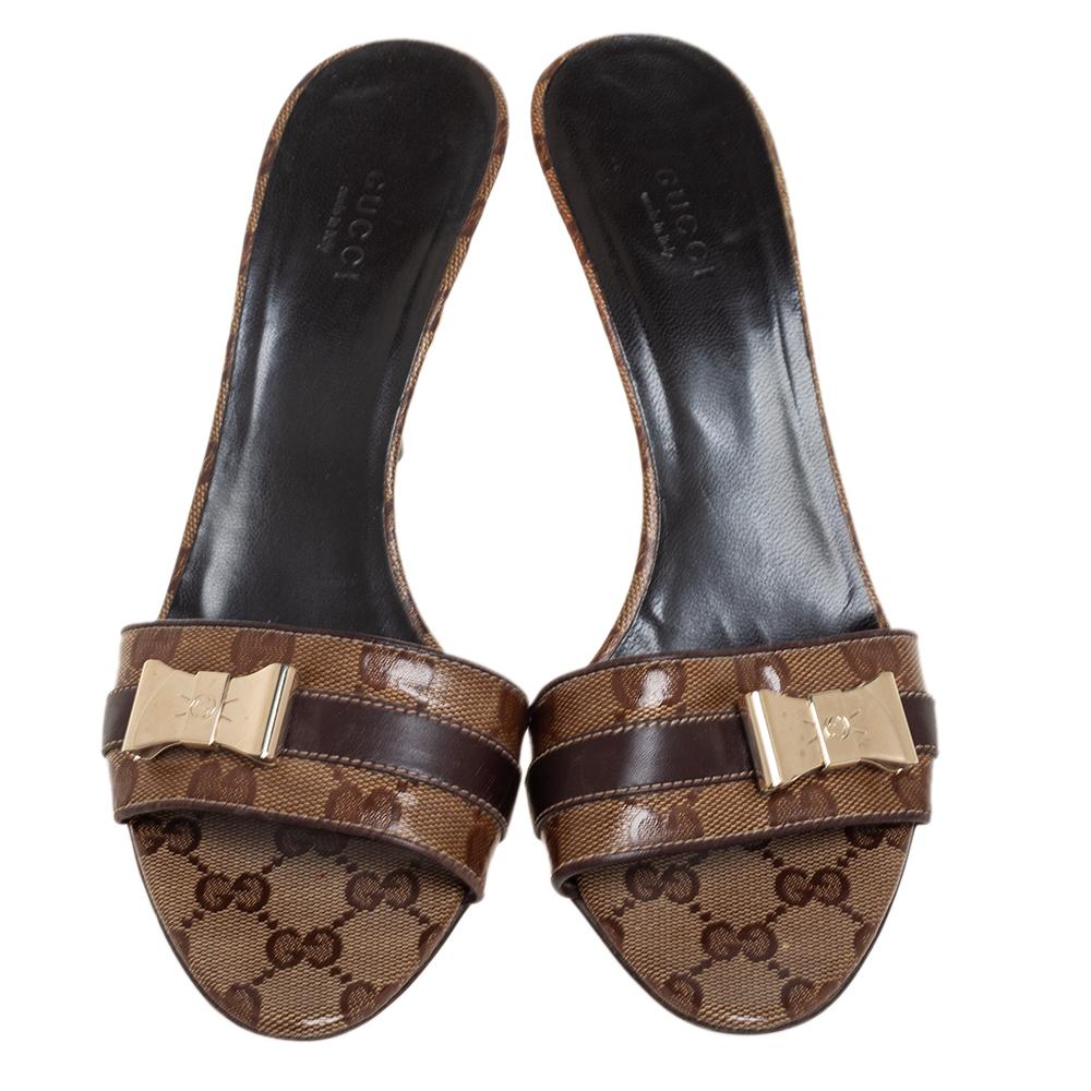 Black Gucci Brown Crystal Canvas Slip On Sandals Size 38.5