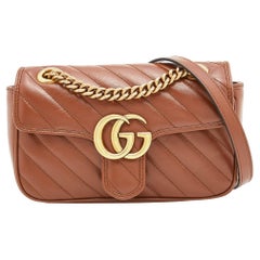 Gucci Brown Diagonal Quilted Leather Mini GG Marmont Shoulder Bag