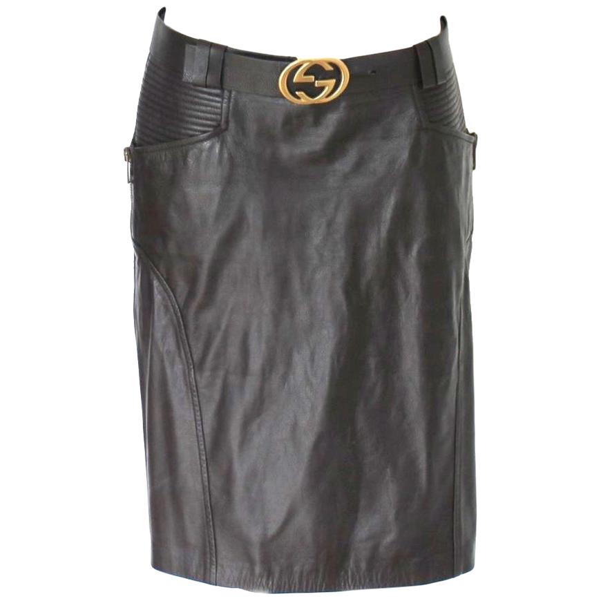 Gucci by Tom Ford Brown Double G Logo Leather Moto Biker Skirt with Belt 42