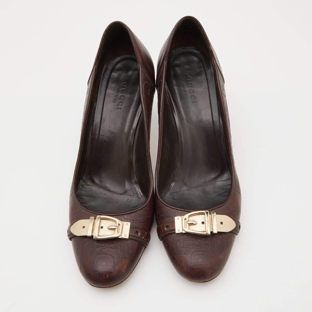 Men's Gucci Brown Embossed Leather Buckle Pumps Size 37 For Sale