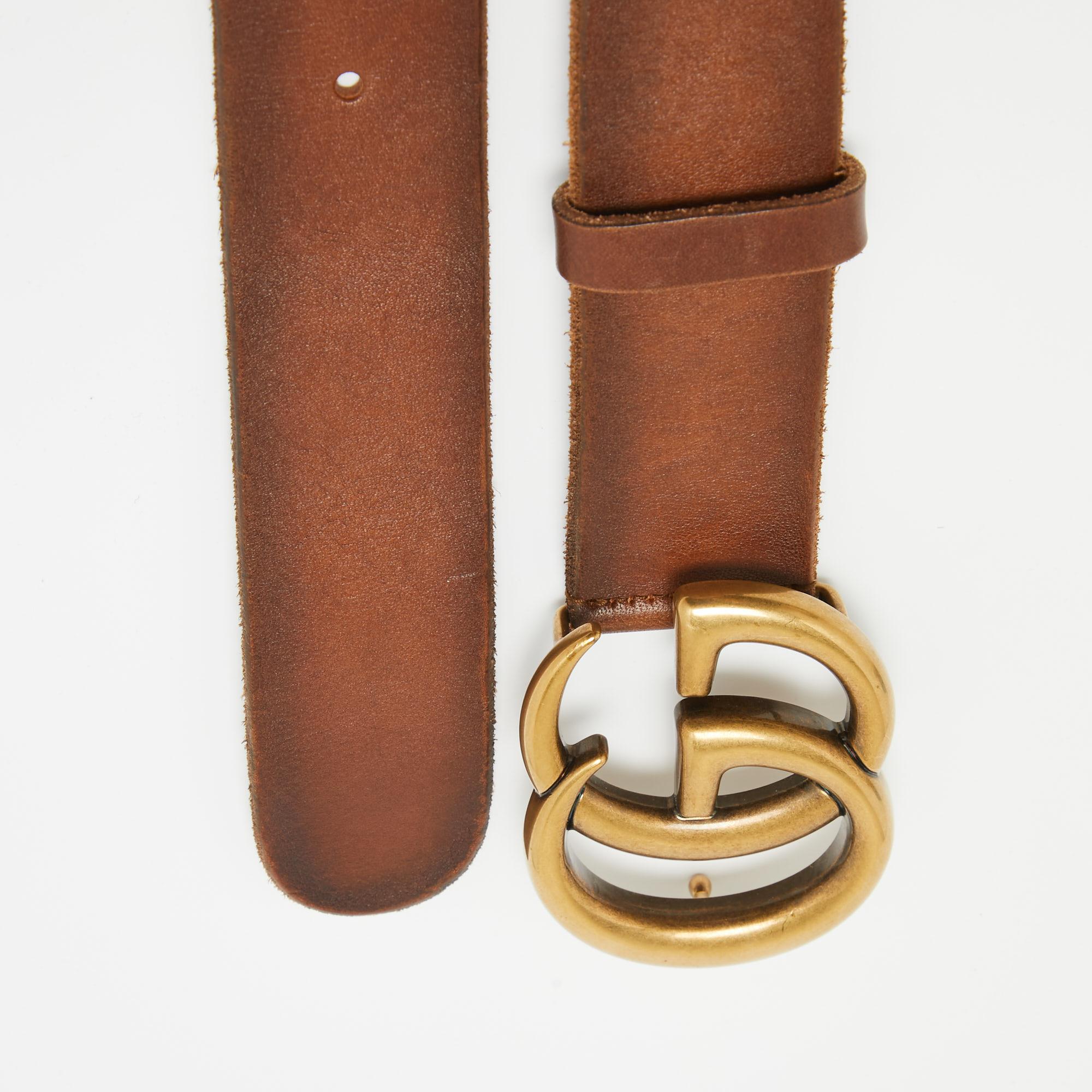 Gucci Brown Faded Leather Double G Buckle Belt 65 CM In Excellent Condition For Sale In Dubai, Al Qouz 2