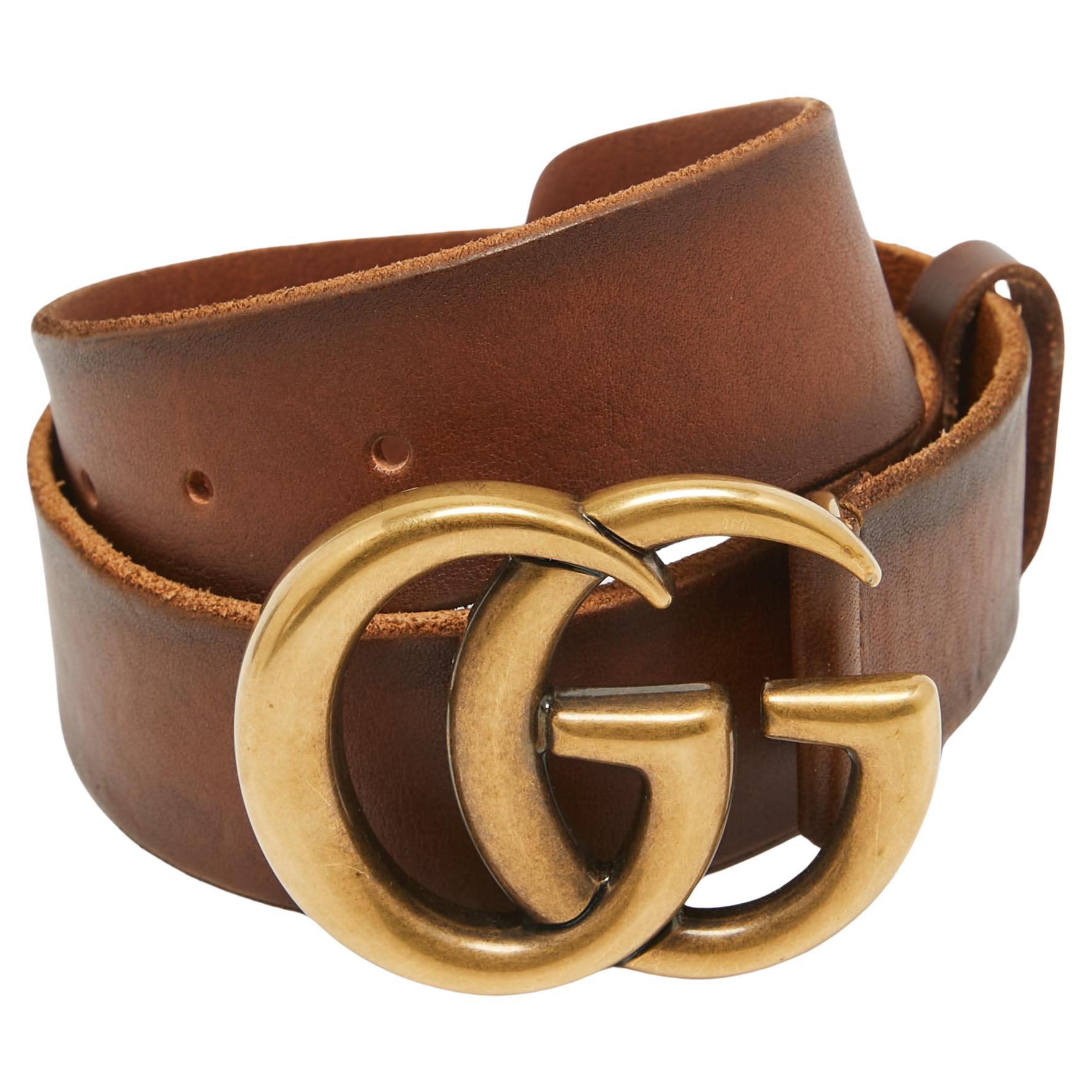 Gucci Brown Faded Leather Double G Buckle Belt 65 CM For Sale