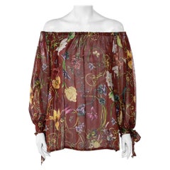 Gucci Brown Flora Print Silk Chiffon off Shoulder Top S