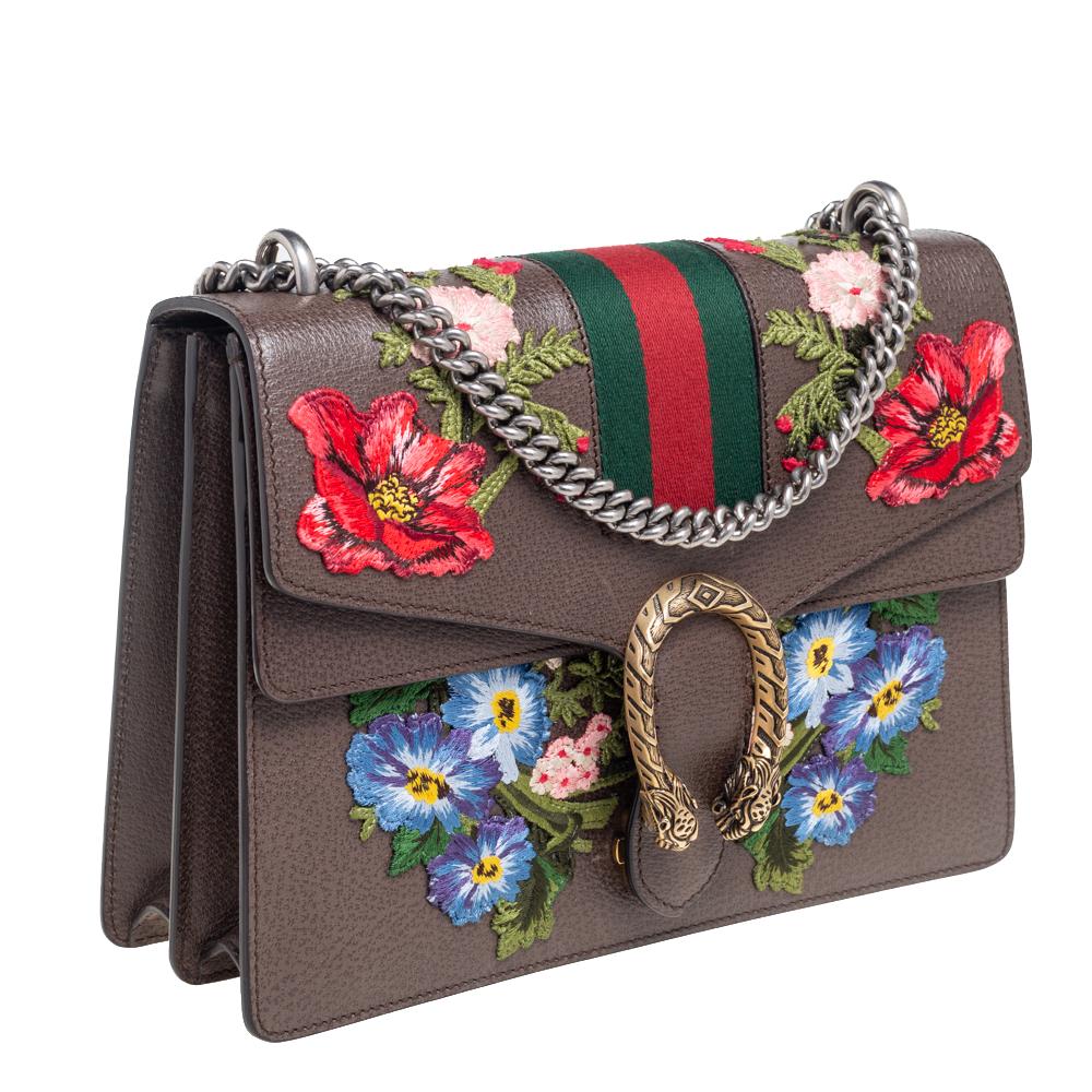 Gray Gucci Brown Floral Embroidered Leather Medium Dionysus Shoulder Bag