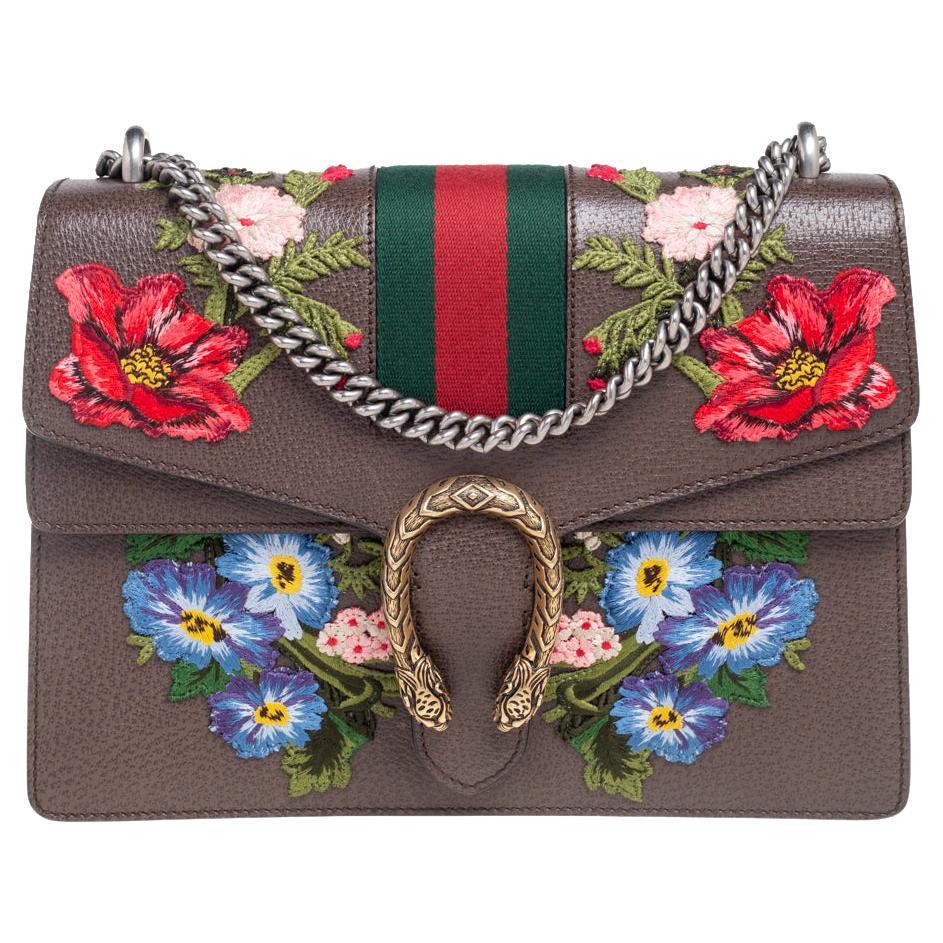 Gucci Brown Floral Embroidered Leather Medium Dionysus Shoulder Bag