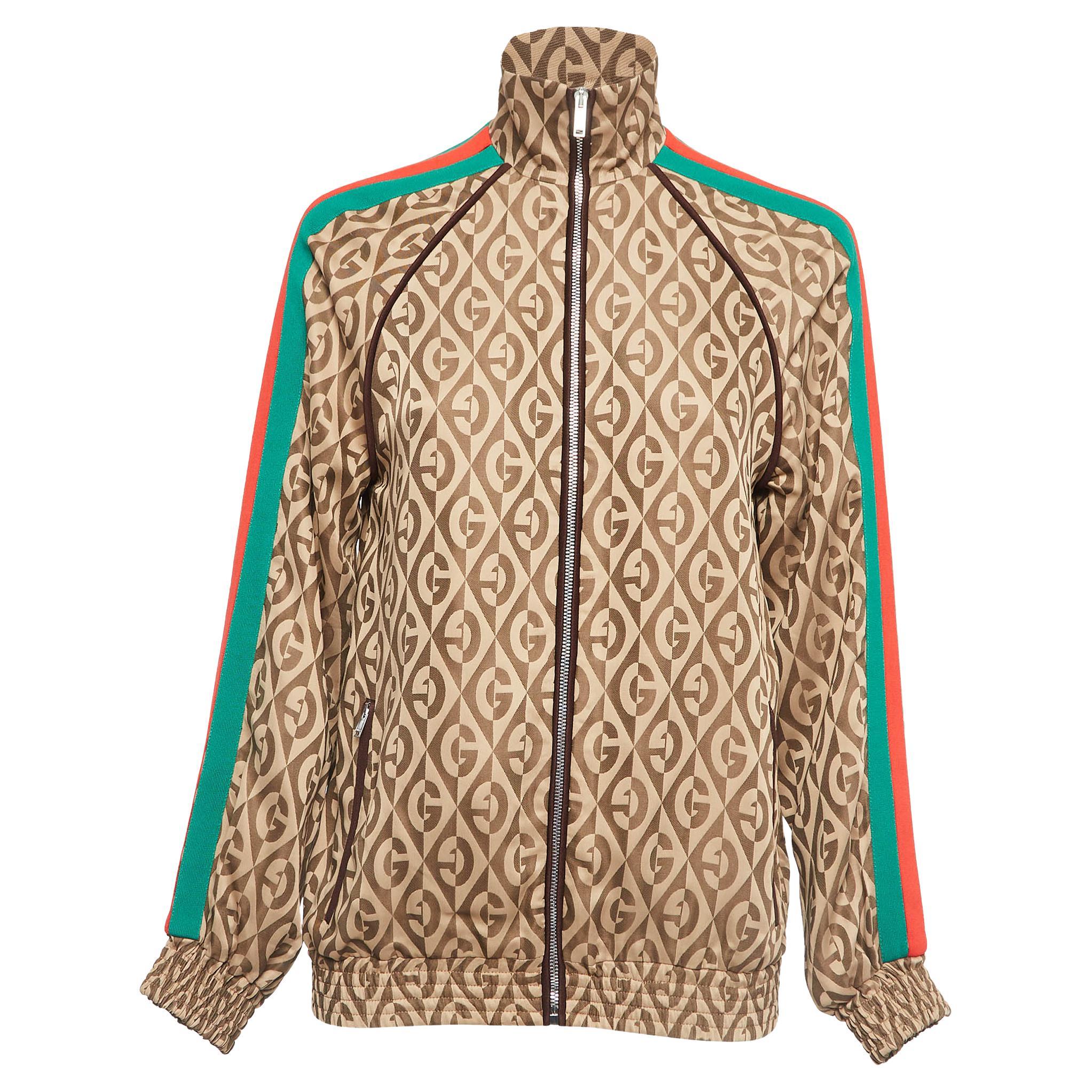 Gucci Brown G Rhombus Jacquard Side Stripe Track Jacket XS For Sale