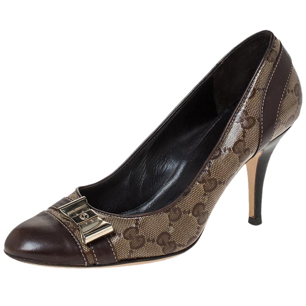 Gucci Brown GG Canvas And Leather Bow Cap Toe Pumps Size 36.5