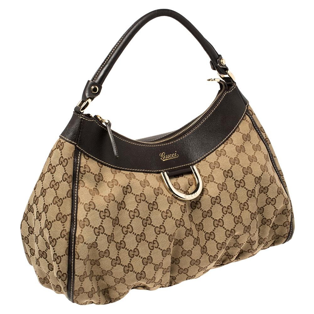 Gucci Brown GG Canvas and Leather D Ring Hobo In Good Condition In Dubai, Al Qouz 2