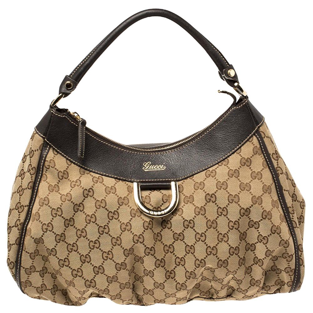 Gucci Brown GG Canvas and Leather D Ring Hobo