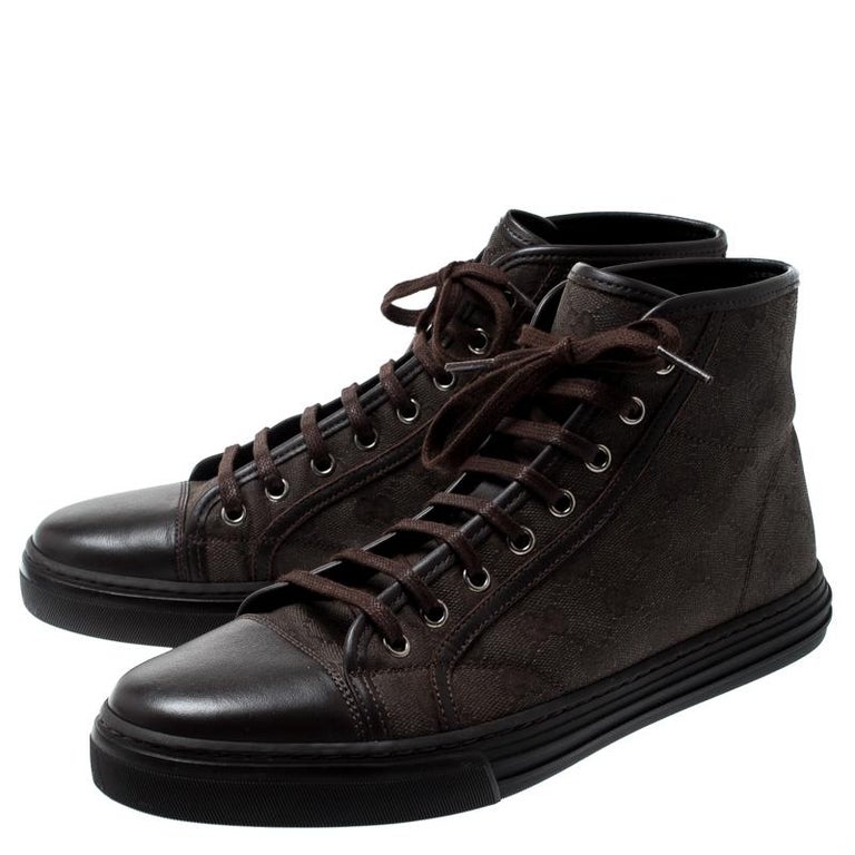 Gucci Brown GG Canvas And Leather Lace Up High Top Sneakers Size 41.5 For Sale at 1stdibs