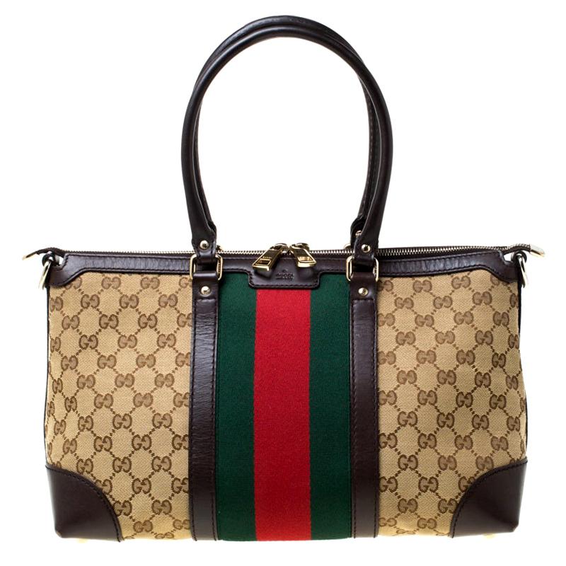 Gucci Brown GG Canvas and Leather Large Web Treasure Tote