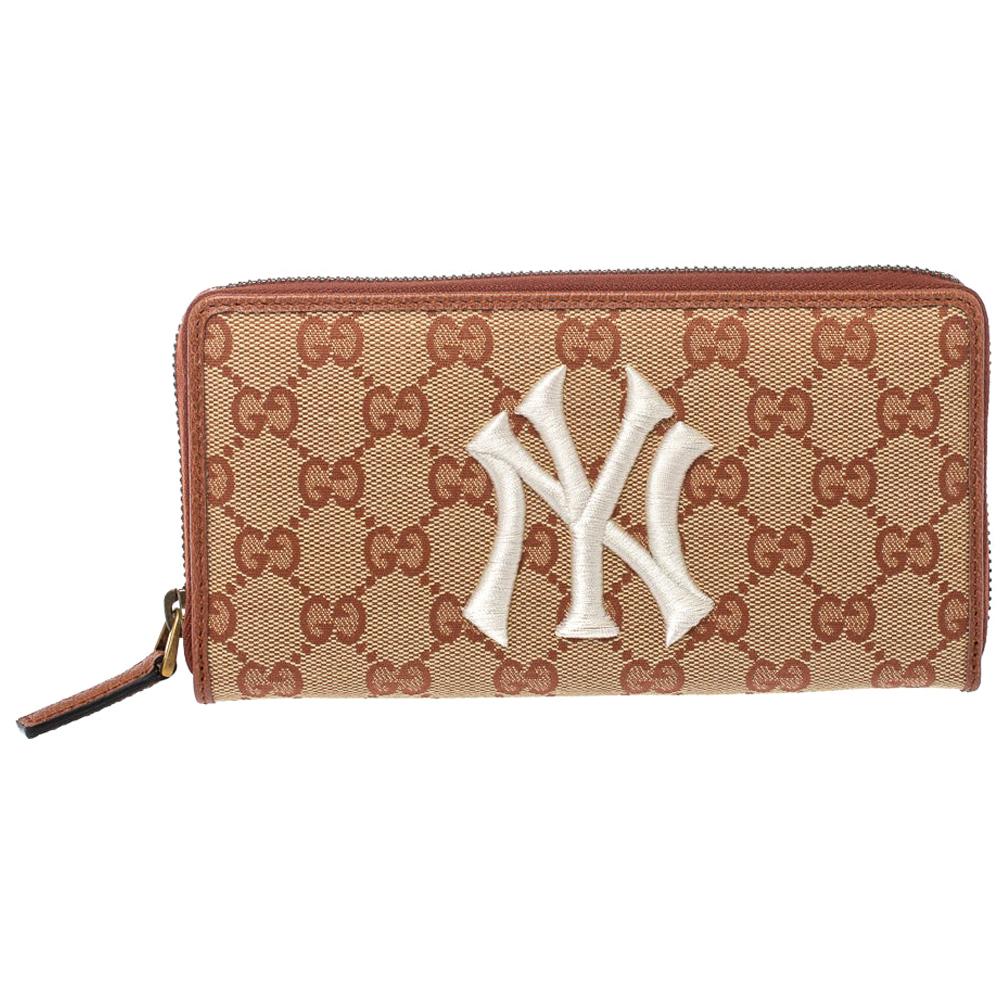 Gucci Brown GG Canvas and Leather NY Yankees Patch Zip Around Wallet