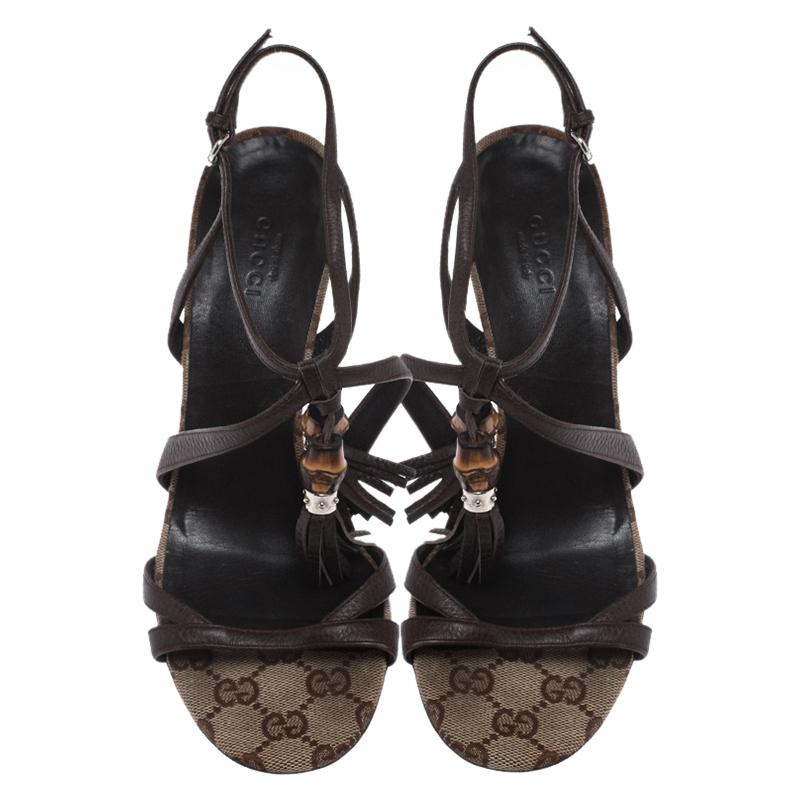 Black Gucci Brown GG Canvas and Leather Open Toe Bamboo Tassel Sandal Size 37 For Sale