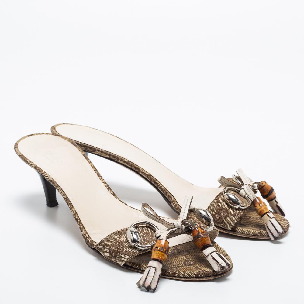 Women's Gucci Brown GG Canvas Bamboo Tassel Horsebit Slide Sandals Size 39