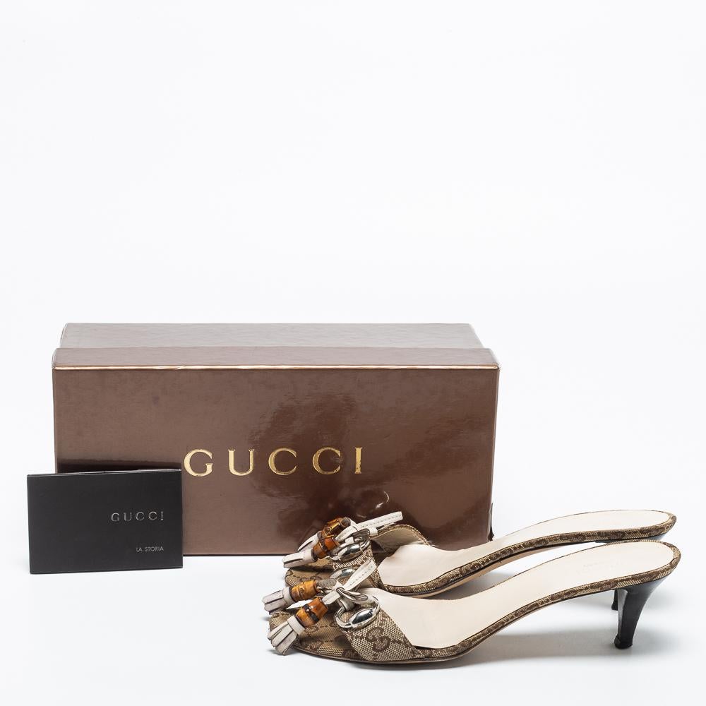 Gucci Brown GG Canvas Bamboo Tassel Horsebit Slide Sandals Size 39 2