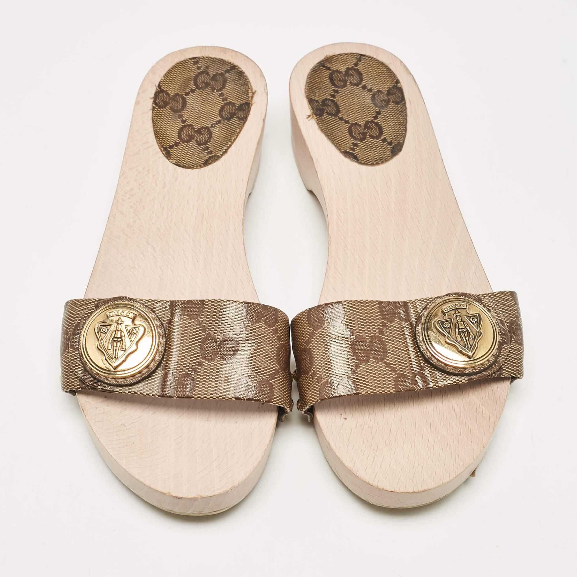 Beige Gucci Brown GG Canvas Hysteria Slide Sandals Size 36