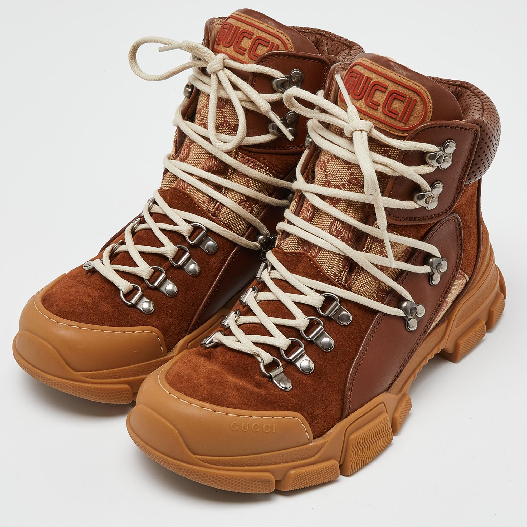 Gucci Brown GG Canvas, Leather and Suede Journey Hiker Boots Size 40 In Good Condition In Dubai, Al Qouz 2