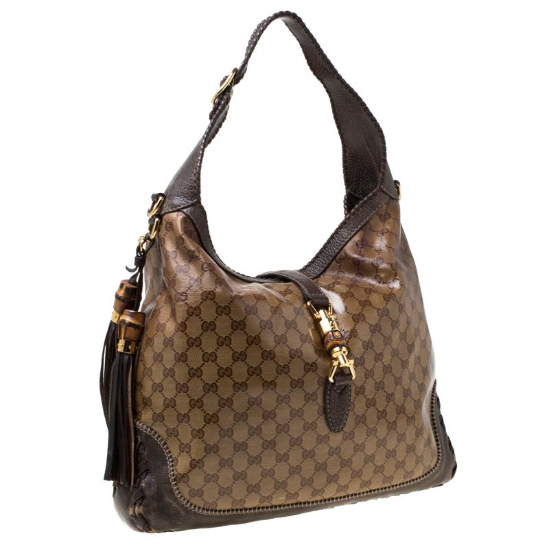 Women's Gucci Brown GG Crystal Canvas and Leather Large New Jackie Hobo