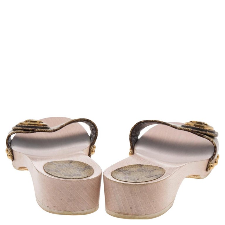 Gucci Brown GG Crystal Canvas Hysteria Wooden Slide Sandals Size