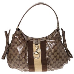Gucci Brown GG Crystal Canvas Web Stripe Hobo