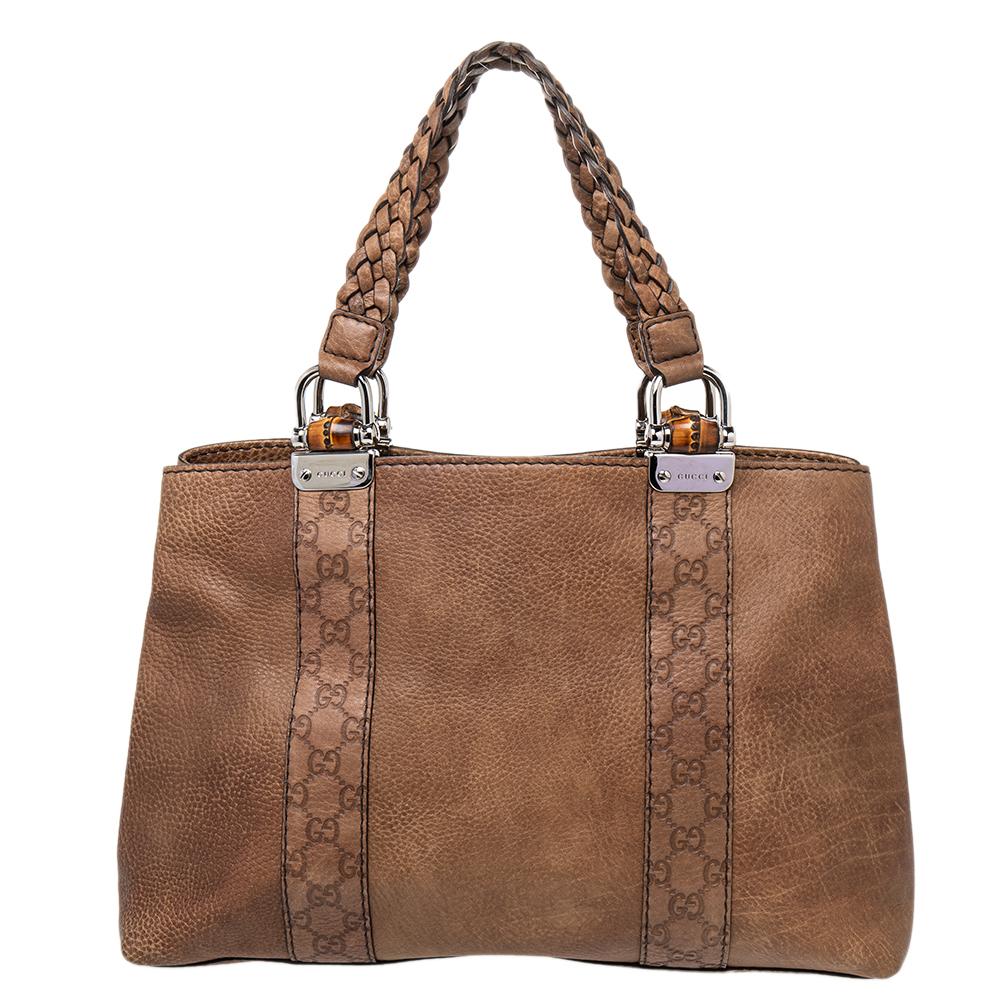 Gucci Brown GG Leather Bamboo Bar Tote