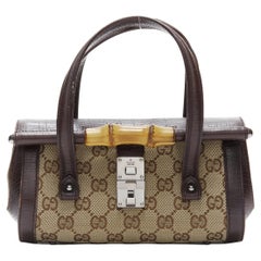GUCCI brown GG monogram canvas bamboo buckle small top handle bag