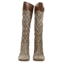 GUCCI brown GG monogram canvas leather buckle wooden block heel boots EU36.5