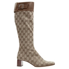 GUCCI brown GG monogram canvas leather buckle wooden block heel boots EU36.5