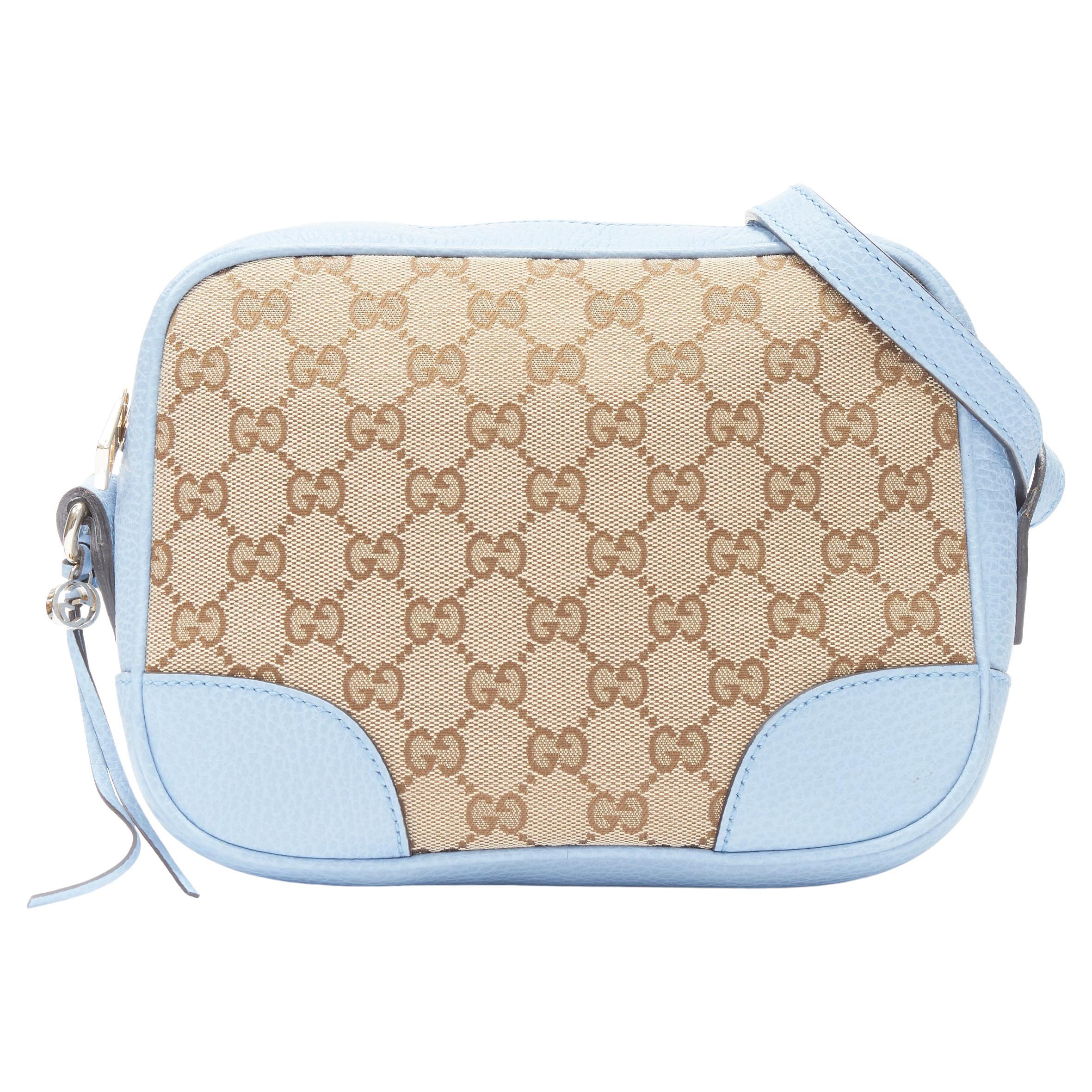 GUCCI brown GG monogram canvas sky blue leather trim medium crossbody camera bag
