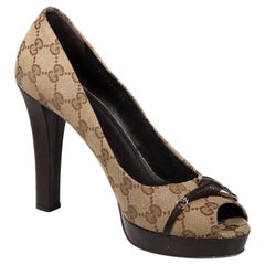 Gucci Brown GG Monogram Horse Bit Peep Toe Heels Size IT 40