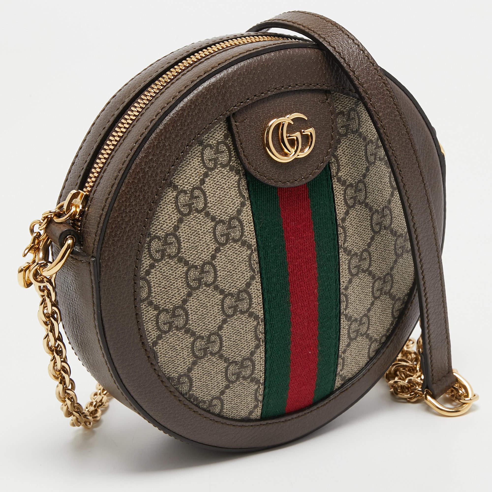 Women's Gucci Brown GG Supreme Canvas and Leather Mini Ophidia Round Bag