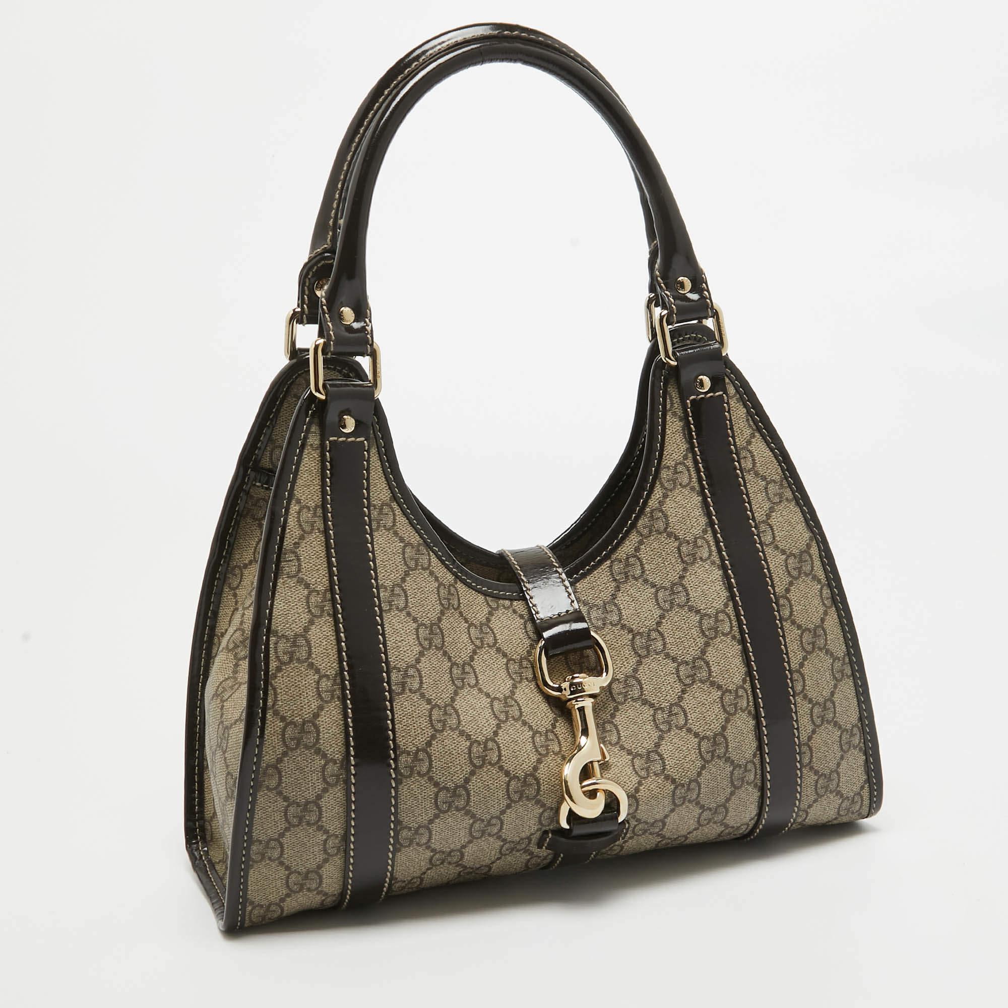 Gucci Brown GG Supreme Canvas and Patent Leather Bardot Joy Bag In Good Condition In Dubai, Al Qouz 2