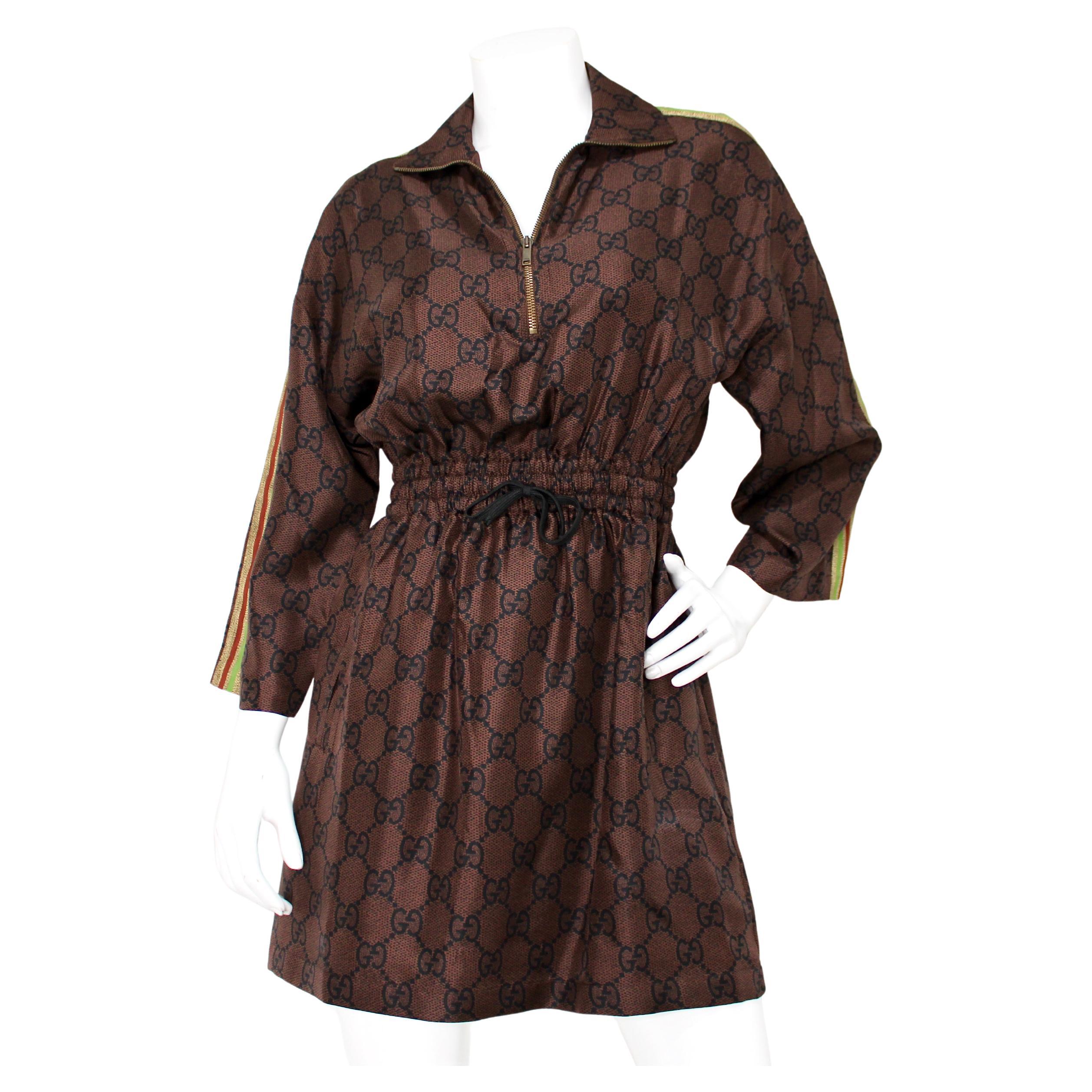 Gucci Brown GG Supreme Drawstring Waist Half-Zip Mini Dress