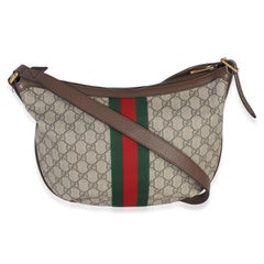 Gucci Brown Beige GG Supreme Canvas Dollar Calfskin Web Small Ophidia Half Moon
