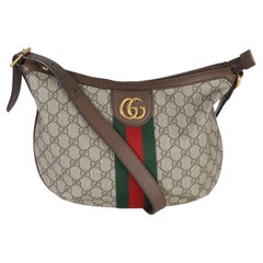Gucci marron-beige, toile GG Supreme, cuir de veau Dollar, Web, petit modèle Ophidia Half Moon