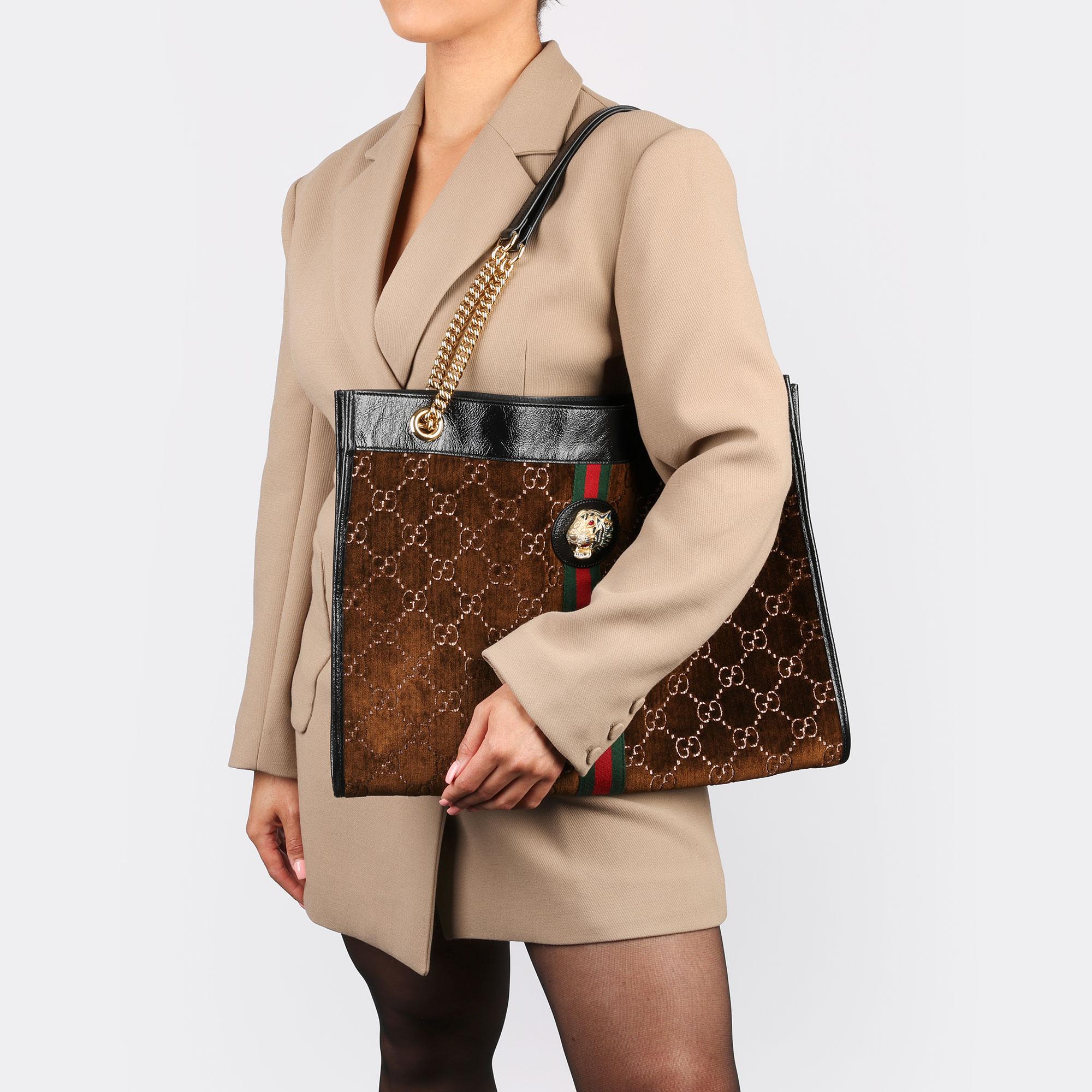 Gucci Brown GG Velvet & Black Patent Leather Large Rajah Tote Bag 9
