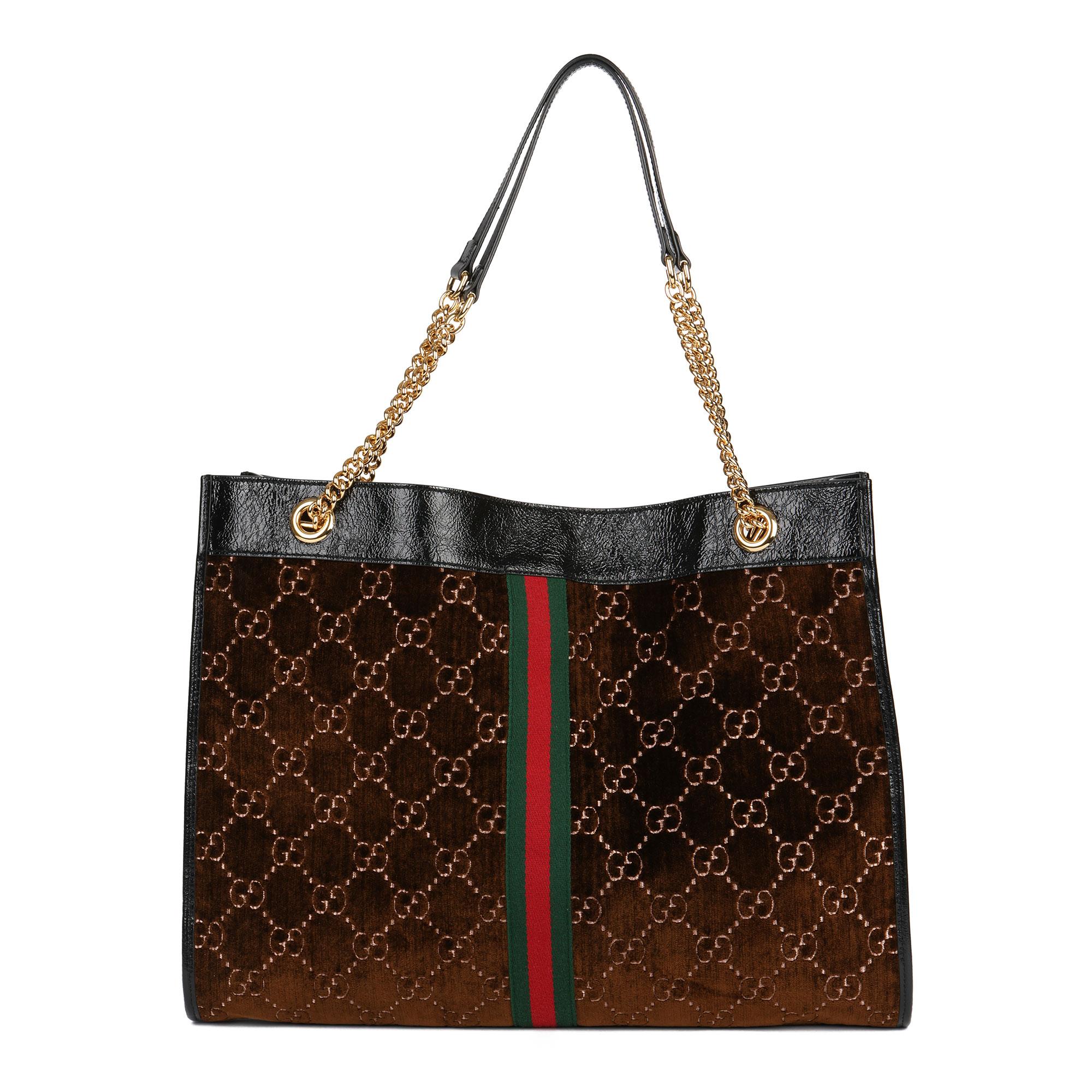Gucci Brown GG Velvet & Black Patent Leather Large Rajah Tote Bag 2