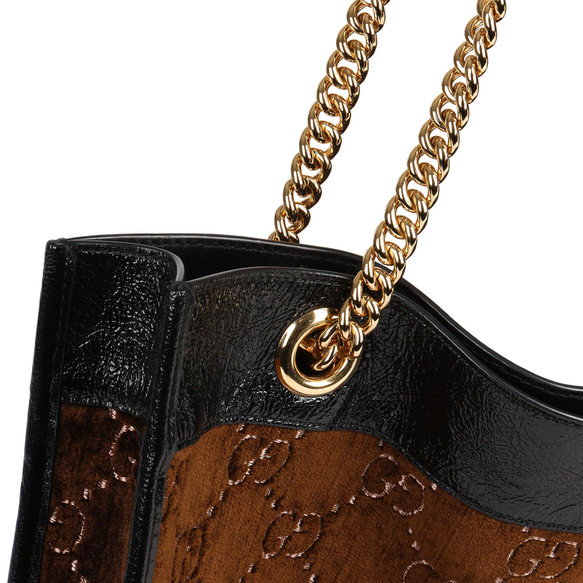 Gucci Brown GG Velvet & Black Patent Leather Large Rajah Tote Bag 4