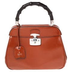 Gucci Brown Glossy Leather Lady Lock Bamboo Top Handle Bag