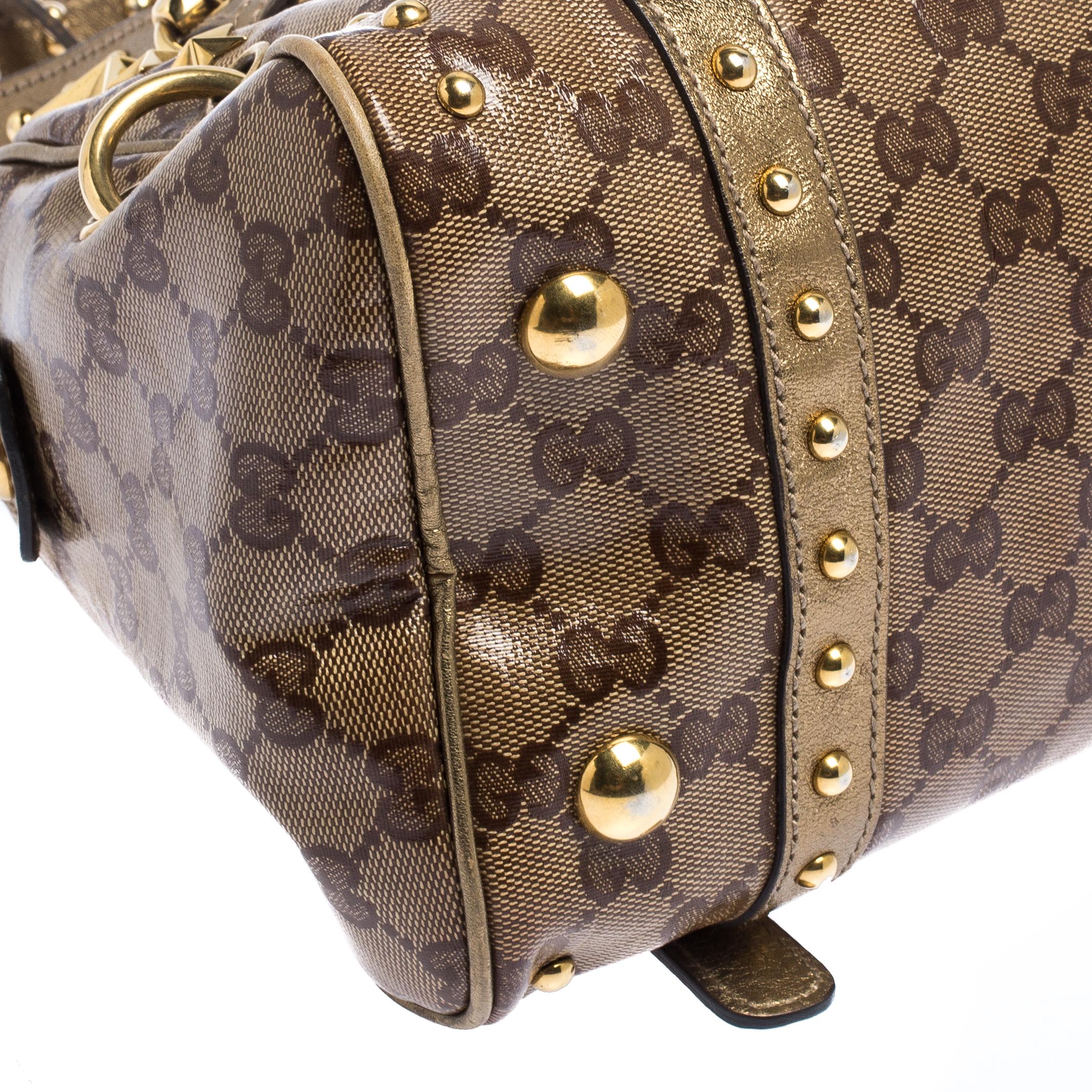 Gucci Brown/Gold GG Crystal Canvas Star Studded Satchel 6