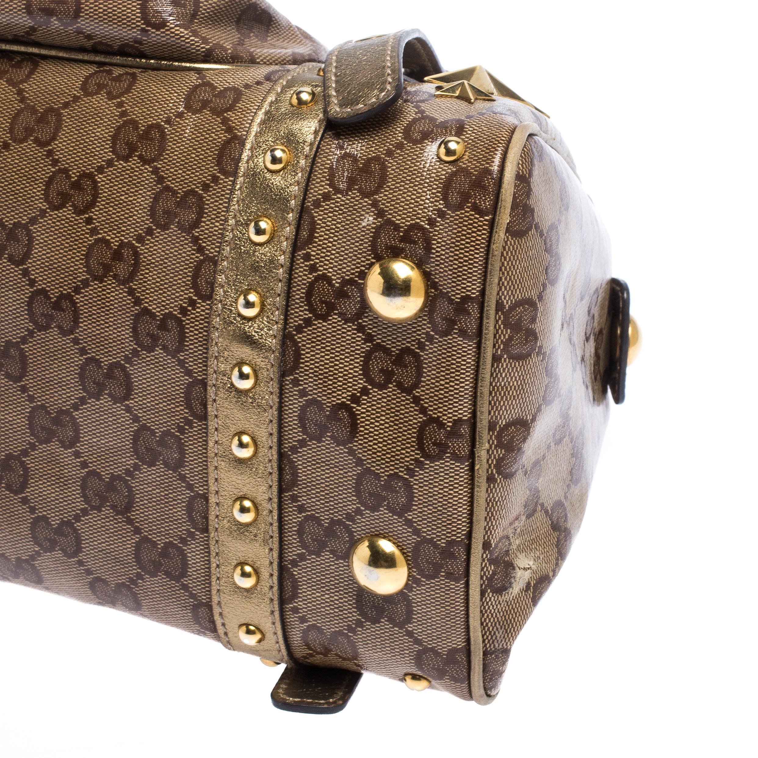 Gucci Brown/Gold GG Crystal Canvas Star Studded Satchel 7