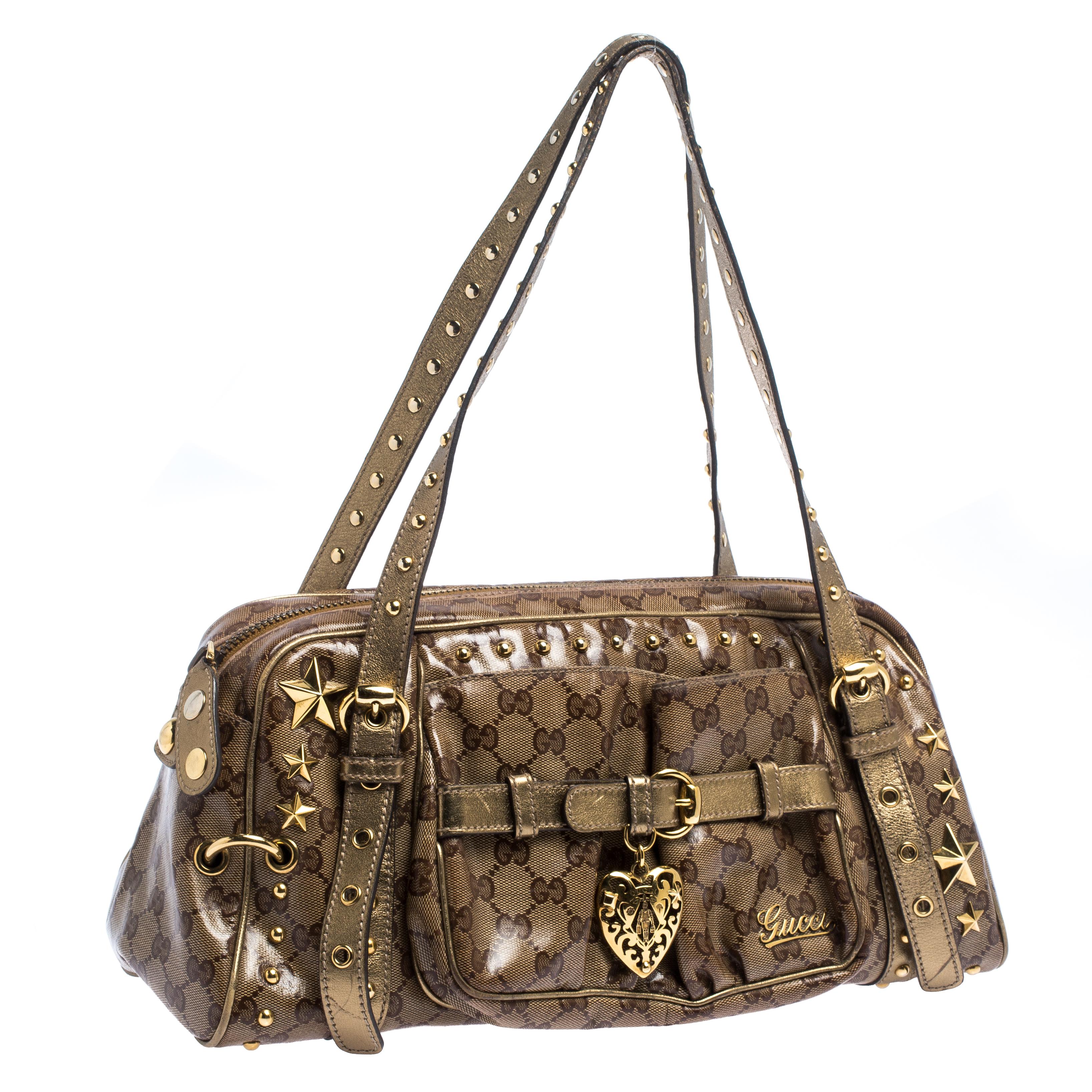 Women's Gucci Brown/Gold GG Crystal Canvas Star Studded Satchel