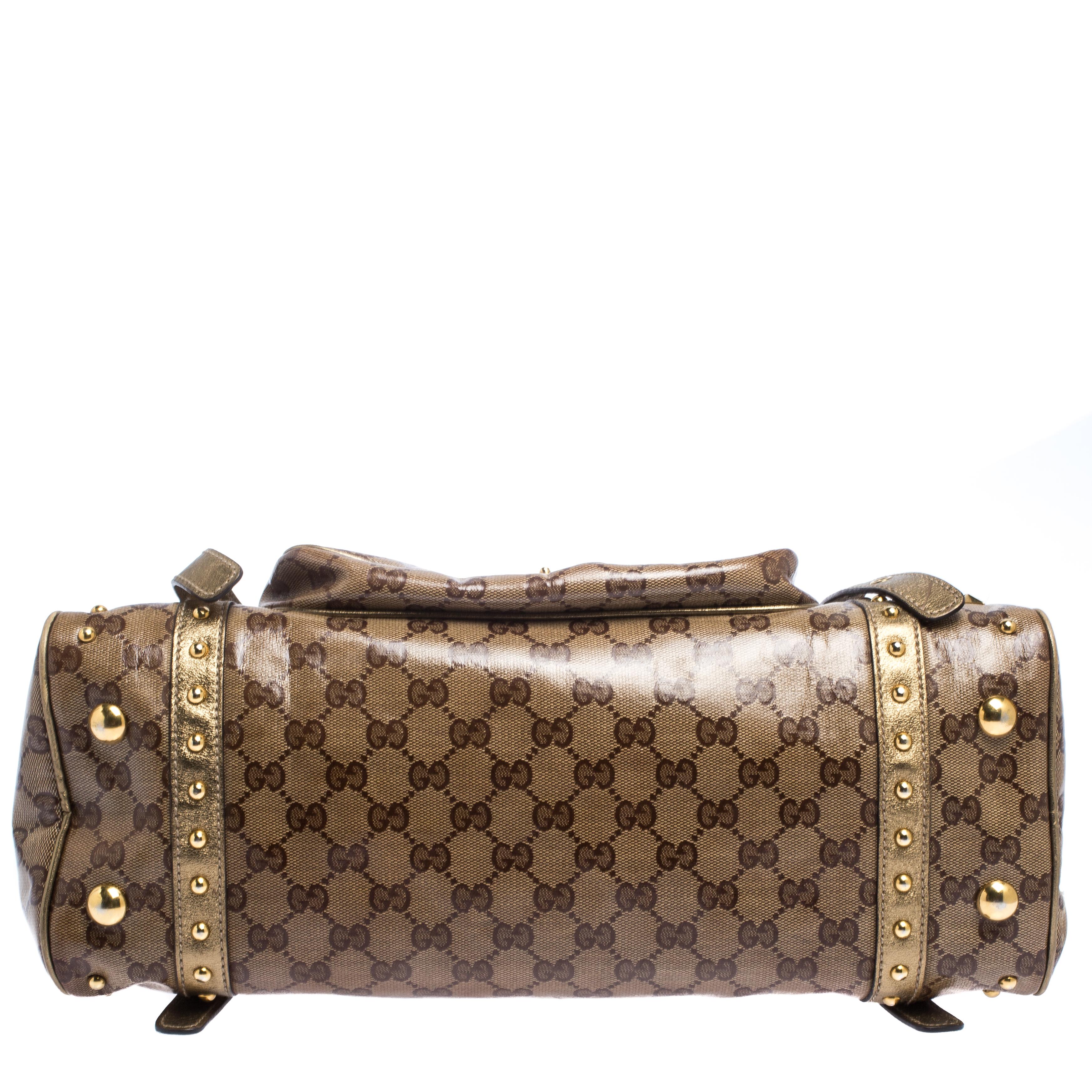 Gucci Brown/Gold GG Crystal Canvas Star Studded Satchel 1