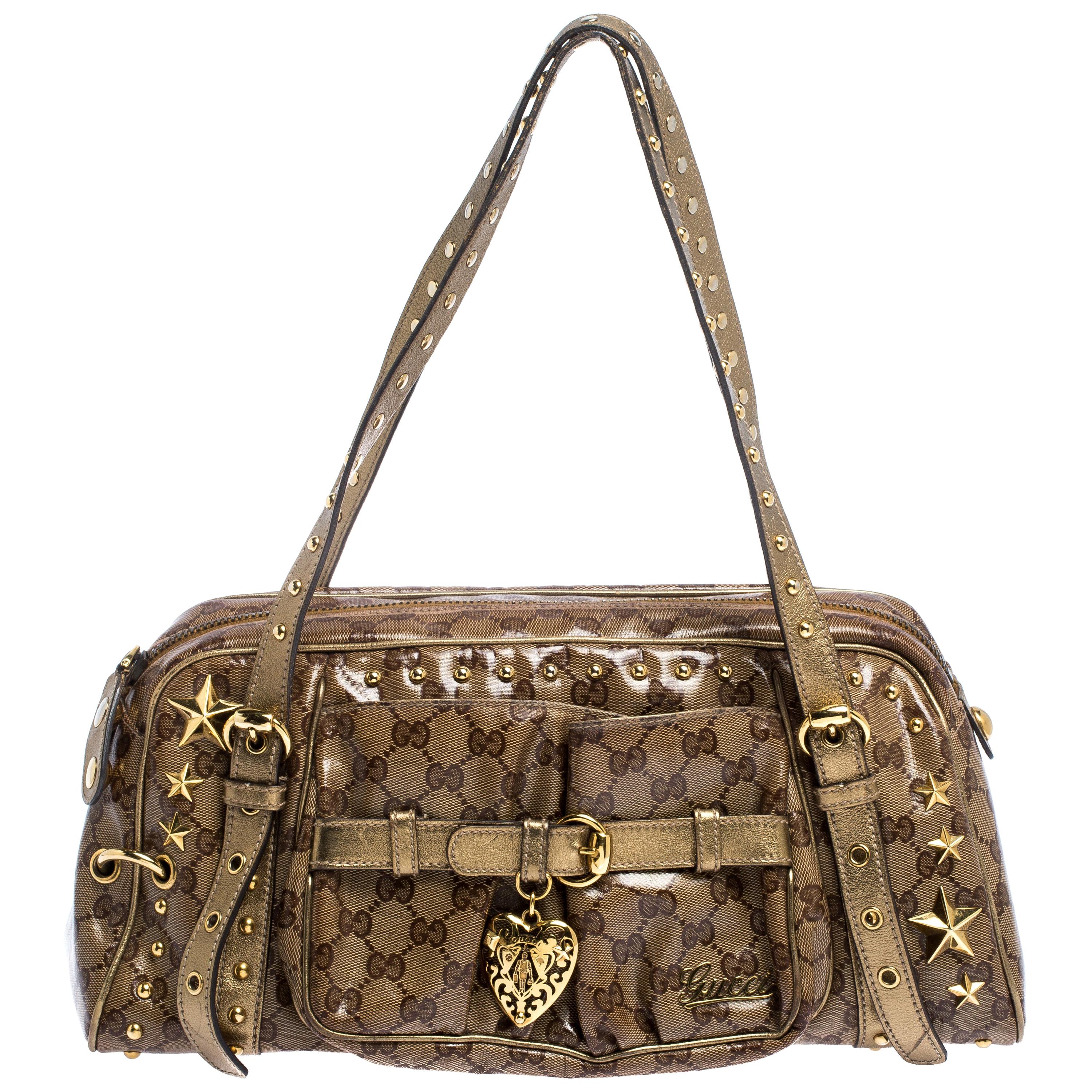 Gucci Brown/Gold GG Crystal Canvas Star Studded Satchel