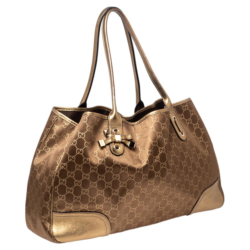 Women's Gucci Brown/Gold GG Fabric and Leather Large Princy Tote